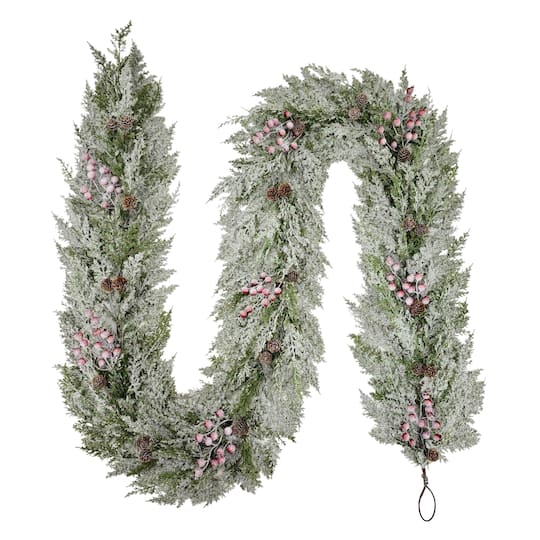 9Ft Artificial Flocked Garland Adorned with Pinecones & Red Berries By Puleo International in Green | 9 ft | Michaels®